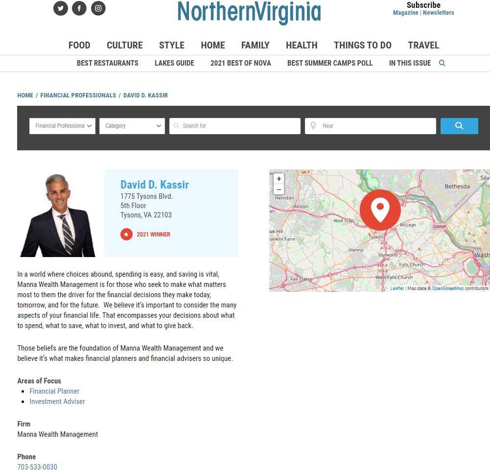 Northern Virginia Magazine Top Financial Professionals David Kassir