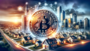 Large Bitcoin logo against cityscape backdrop