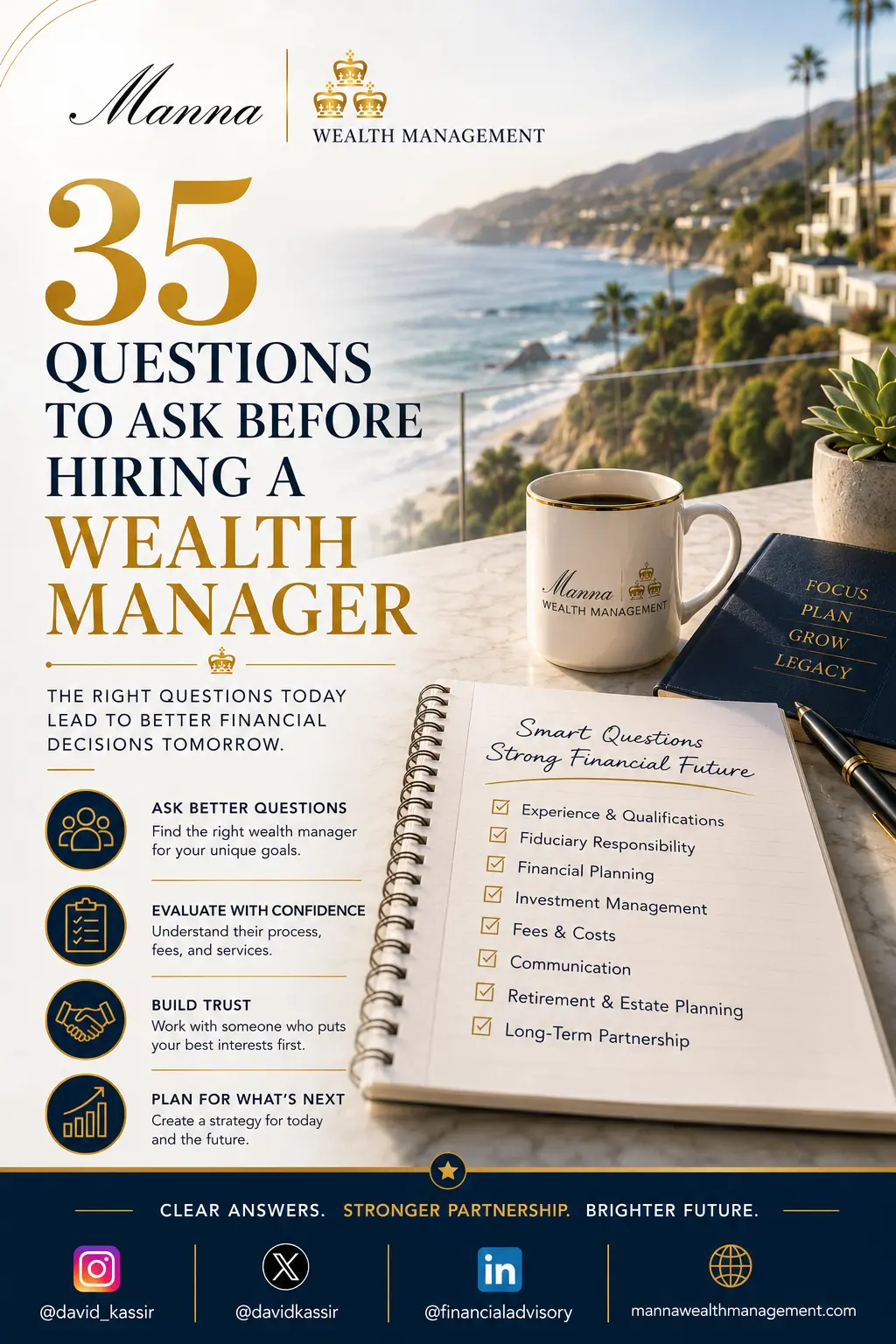 35 Questions to Ask Before Hiring a Wealth Manager Professional wealth management consultation guide featuring 35 important questions to ask before hiring a wealth manager, covering fiduciary responsibility, qualifications, financial planning, investment management, fees, communication, retirement planning, and long-term wealth management by Manna Wealth Management.